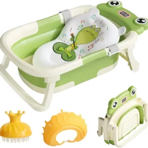 Foldable Baby Bath Tub with Cushion, Thermometer, Shower Cap, & Shower Brush 0-36 Month